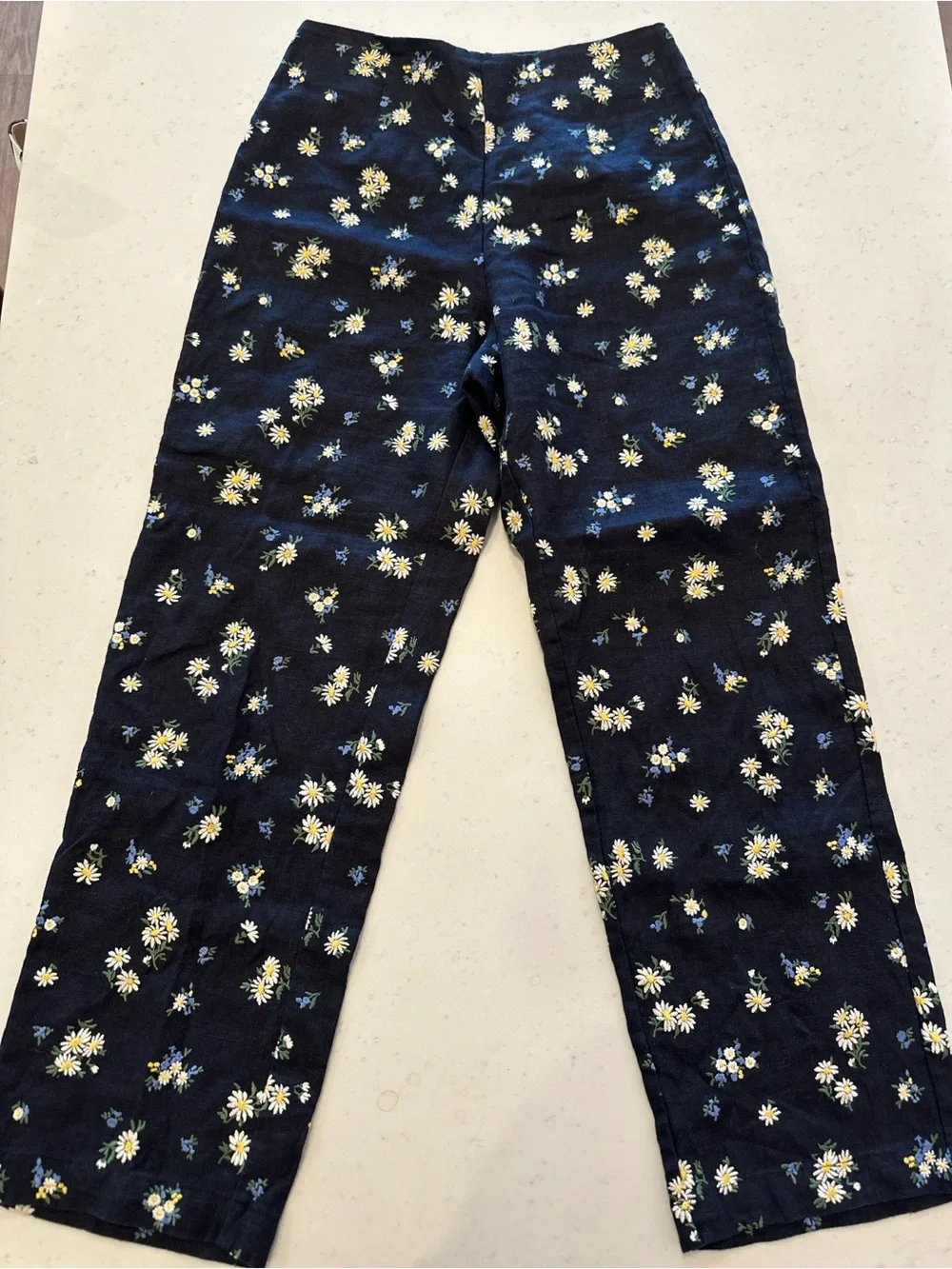 NWOT Reformation Navy Blue Floral Linen Pants Size 0 Cropped Summer Premium